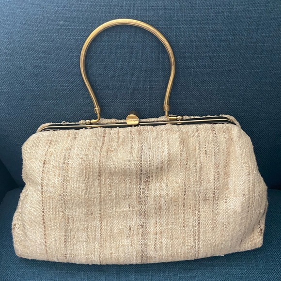 Vintage Tweed Gold Framed Top Handle Tan/Creams Handbag - Picture 2 of 14